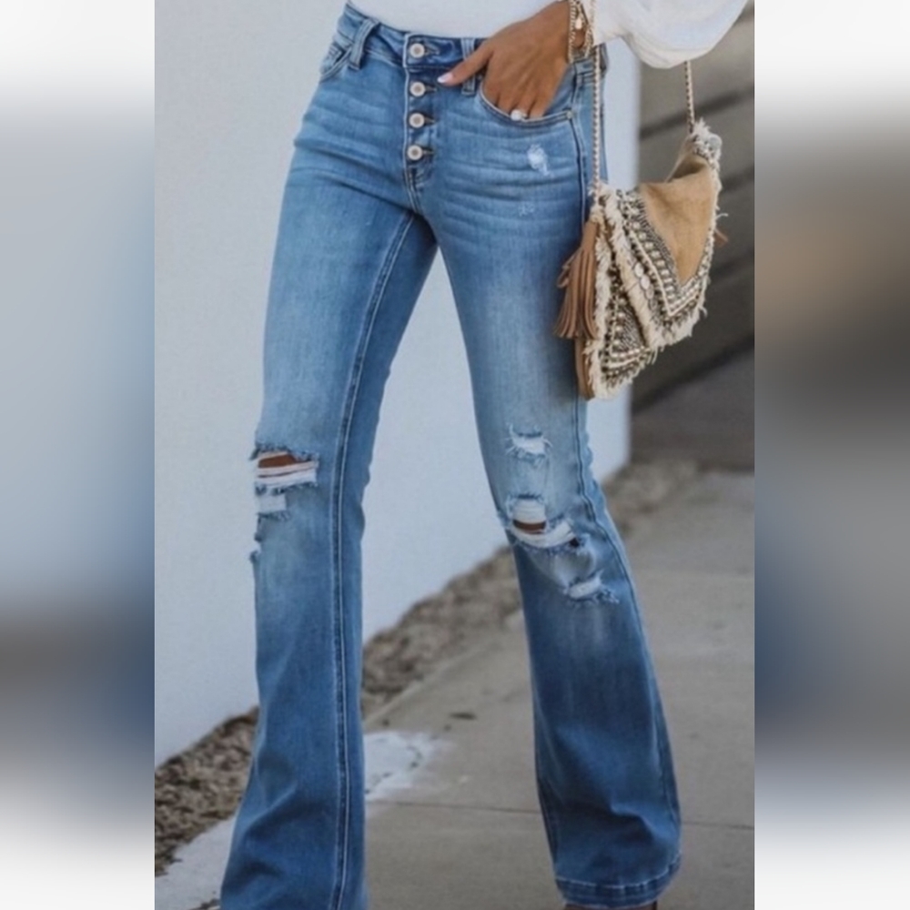 New KanCan Distressed Button Fly Flare Leg Jeans Bell Bottoms